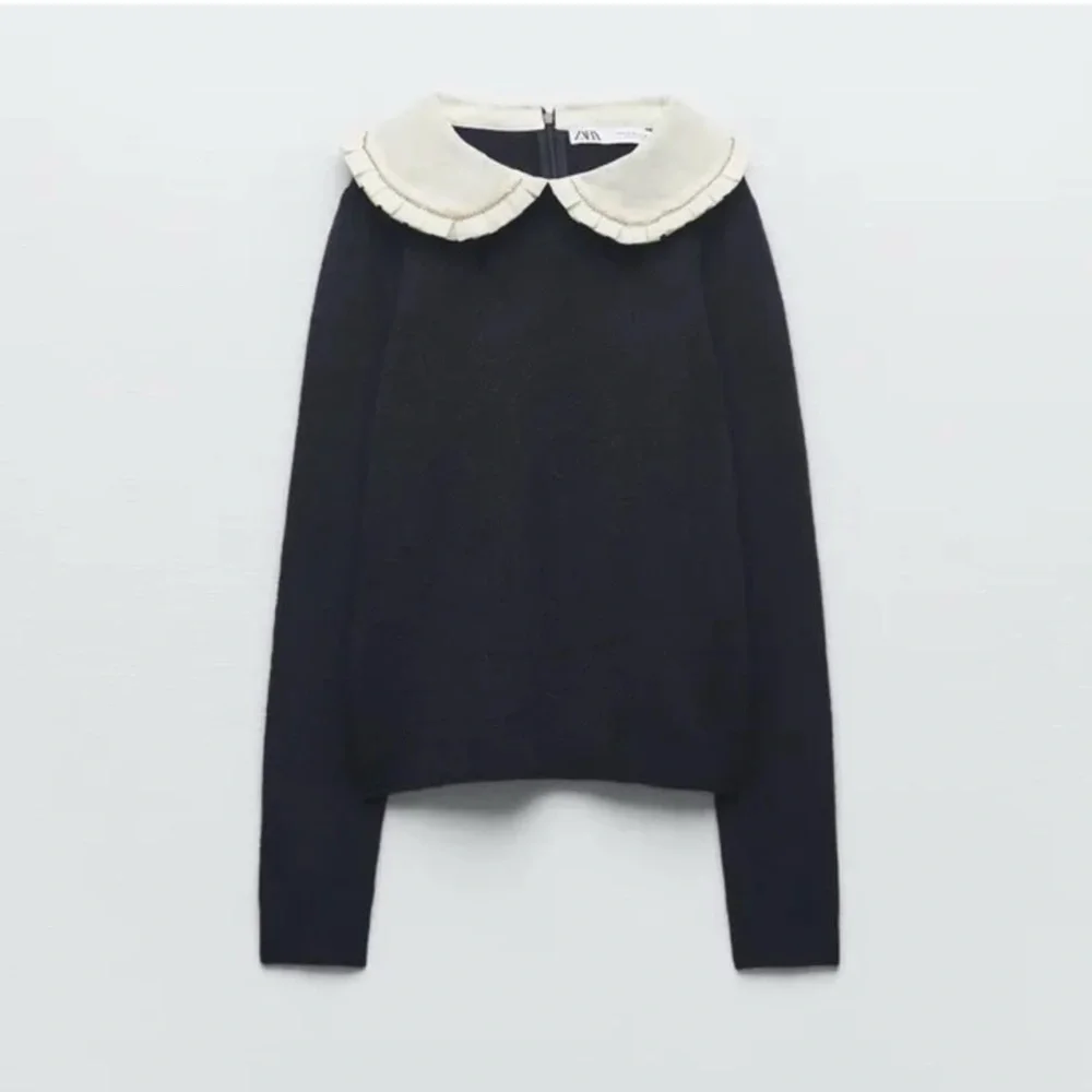 ZARA Navy Blue Rhinestone Trim Peter Pan Pointelle Collar Knit Sweater size M